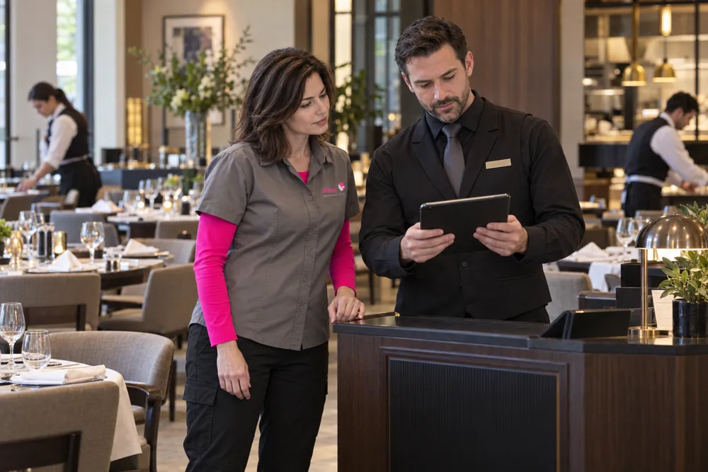 A member of the Alacer team working with a hotel manager
