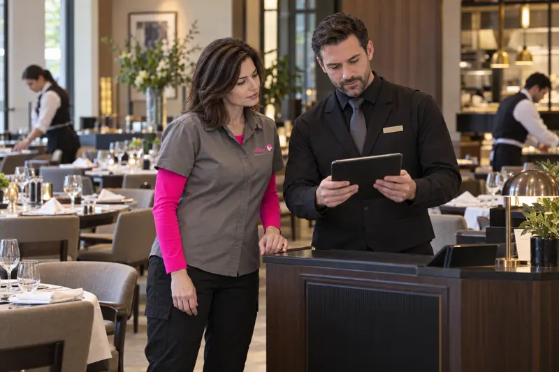 A member of the Alacer team working with a hotel manager